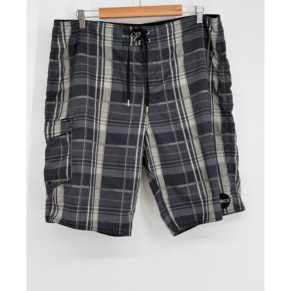 ONeill Mens Plaid Board Shorts Grey Black White‎ Cargo Pocket Swim Trunks Sz 38